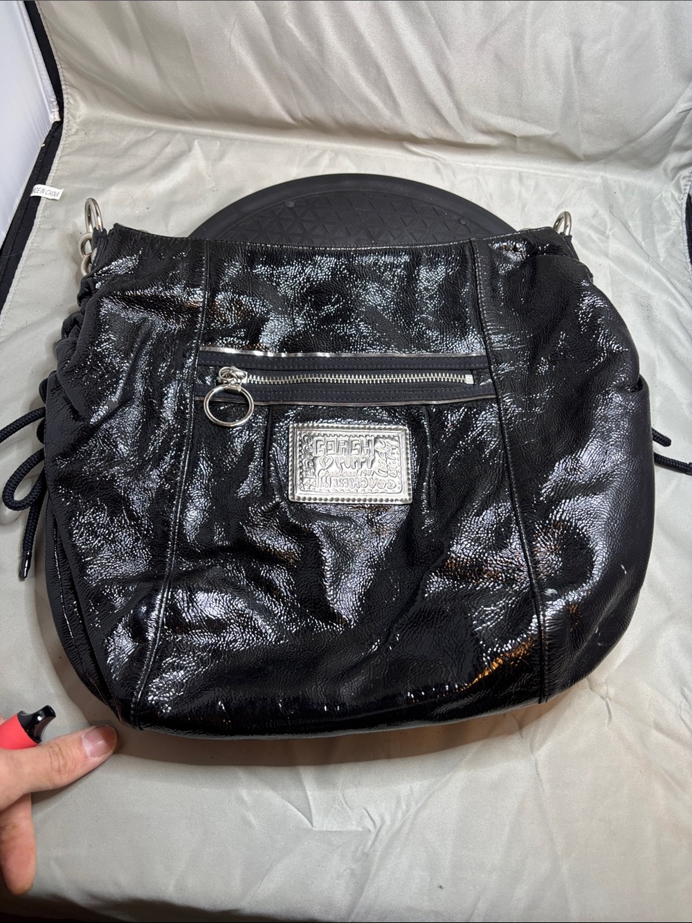 Coach Black Patent Leather Crossbody Shoulder Bag with Silver Plaque